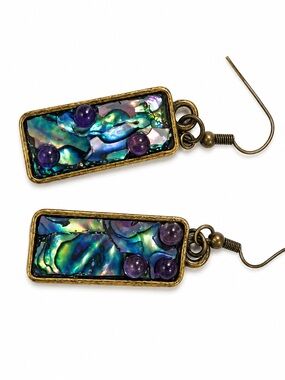 Blue Abalone Shell Amethyst Earrings Handmade Dangle Boho Gift